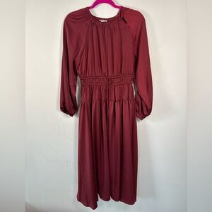 Wonderly Petite Burgundy Long Sleeve Midi Dress Smocked Waist Sz P Medium